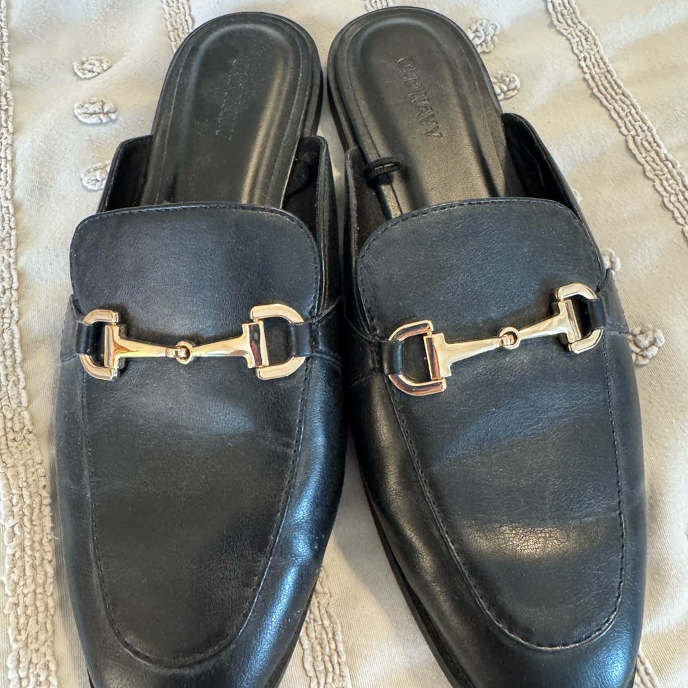 Old Navy Black Leather Mules with Gold Accent